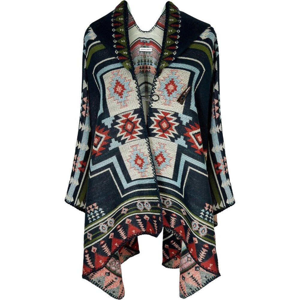 Aztec Hooded Open Front Cardigan - Navy & Rust